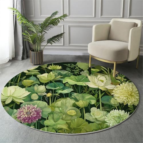 MIATCENRT Waschbarer Grün Teppich Wohnzimmer Schlafzimmer Rund Teppich, Lotus Chrysantheme Muster Pflanze Kunst Deko, Teppiche kurzerflor für Esszimmer Büro Eingangsbereich, 120cm von MIATCENRT