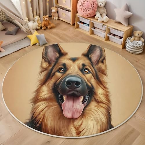MIATCENRT Waschbarer Hellbraun Teppich Wohnzimmer Schlafzimmer Rund Teppich, Deutscher Schäferhund Muster Niedlich Tier Deko, Teppiche kurzerflor für Esszimmer Büro Eingangsbereich, 160cm von MIATCENRT