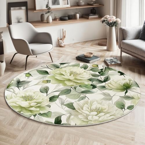 MIATCENRT Waschbarer Hellgrün Teppich Wohnzimmer Schlafzimmer Rund Teppich, Pfingstrose Magnolienblätter Muster Elegant Blumig Deko, Teppiche kurzerflor für Esszimmer Büro Eingangsbereich, 160cm MIATCENRT Waschbarer Hellgrün Teppich Wohnzimmer Schlafzimmer Rund Teppich, Pfingstrose Magnolienblätter Muster Elegant Blumig Deko, Teppiche kurzerflor für Esszimmer Büro Eingangsbereich, 160cm von MIATCENRT