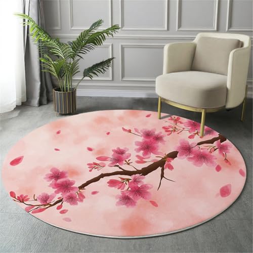 MIATCENRT Waschbarer Hellrosa Teppich Wohnzimmer Schlafzimmer Rund Teppich, Kirschblütenzweig Muster Illustration Deko, Teppiche kurzerflor für Esszimmer Büro Eingangsbereich, 100cm MIATCENRT Waschbarer Hellrosa Teppich Wohnzimmer Schlafzimmer Rund Teppich, Kirschblütenzweig Muster Illustration Deko, Teppiche kurzerflor für Esszimmer Büro Eingangsbereich, 100cm von MIATCENRT