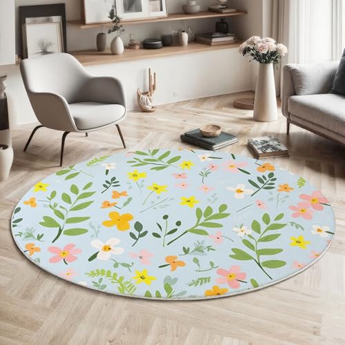 MIATCENRT Waschbarer Himmelblau Teppich Wohnzimmer Schlafzimmer Rund Teppich, Blütenblätter Blätter Muster Frühling Blumen Deko, Teppiche kurzerflor für Esszimmer Büro Eingangsbereich, 100cm MIATCENRT Waschbarer Himmelblau Teppich Wohnzimmer Schlafzimmer Rund Teppich, Blütenblätter Blätter Muster Frühling Blumen Deko, Teppiche kurzerflor für Esszimmer Büro Eingangsbereich, 100cm von MIATCENRT