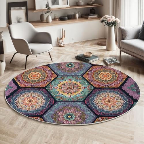 MIATCENRT Waschbarer Lila Blau Teppich Wohnzimmer Schlafzimmer Rund Teppich, Sechseck Mandala Muster Bohemian Deko, Teppiche kurzerflor für Esszimmer Büro Eingangsbereich, 120cm MIATCENRT Waschbarer Lila Blau Teppich Wohnzimmer Schlafzimmer Rund Teppich, Sechseck Mandala Muster Bohemian Deko, Teppiche kurzerflor für Esszimmer Büro Eingangsbereich, 120cm von MIATCENRT