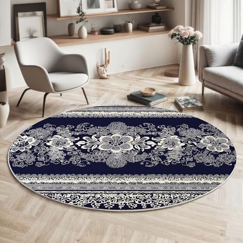MIATCENRT Waschbarer Marineblau Teppich Wohnzimmer Schlafzimmer Rund Teppich, Spitze Bordüre Muster Mandala Blumen Deko, Teppiche kurzerflor für Esszimmer Büro Eingangsbereich, 120cm von MIATCENRT