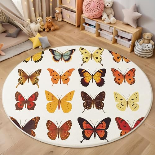 MIATCENRT Waschbarer Mehrfarbig Teppich Wohnzimmer Schlafzimmer Rund Teppich, Insekt Schmetterling Muster Vintage Illustration Deko, Teppiche kurzerflor für Esszimmer Büro Eingangsbereich, 100cm von MIATCENRT