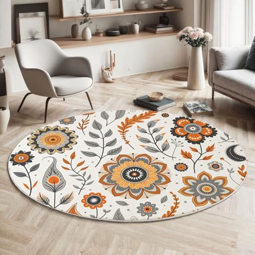 MIATCENRT Waschbarer Orange Grau Teppich Wohnzimmer Schlafzimmer Rund Teppich, Blumen Blätter Ranken Muster Volkskunst Deko, Teppiche kurzerflor für Esszimmer Büro Eingangsbereich, 80cm von MIATCENRT
