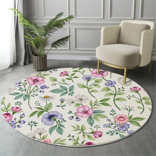 MIATCENRT Waschbarer Rosa Grün Teppich Wohnzimmer Schlafzimmer Rund Teppich, Blumen Blätter Muster Pflanzen Illustrationen Deko, Teppiche kurzerflor für Esszimmer Büro Eingangsbereich, 100cm von MIATCENRT