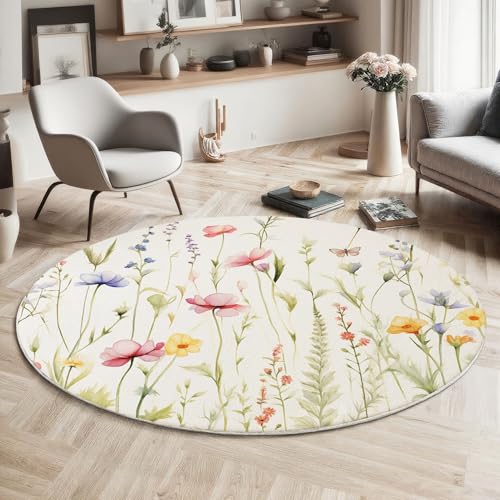 MIATCENRT Waschbarer Rosa Grün Teppich Wohnzimmer Schlafzimmer Rund Teppich, Wildblumen Libelle Muster Aquarell Blumen Deko, Teppiche kurzerflor für Esszimmer Büro Eingangsbereich, 120cm MIATCENRT Waschbarer Rosa Grün Teppich Wohnzimmer Schlafzimmer Rund Teppich, Wildblumen Libelle Muster Aquarell Blumen Deko, Teppiche kurzerflor für Esszimmer Büro Eingangsbereich, 120cm von MIATCENRT