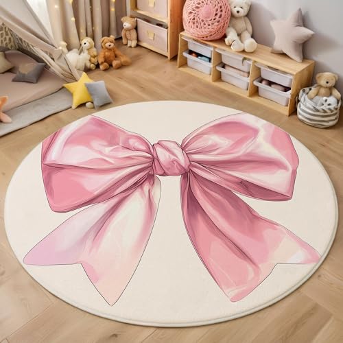 MIATCENRT Waschbarer Rosa Teppich Wohnzimmer Schlafzimmer Rund Teppich, Niedliche Schleife Muster Illustration Deko, Teppiche kurzerflor für Esszimmer Büro Eingangsbereich, 80cm von MIATCENRT