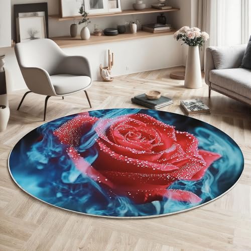 MIATCENRT Waschbarer Rot Blau Teppich Wohnzimmer Schlafzimmer Rund Teppich, Rote Rose Tautropfen Muster Geheimnis Deko, Teppiche kurzerflor für Esszimmer Büro Eingangsbereich, 160cm von MIATCENRT