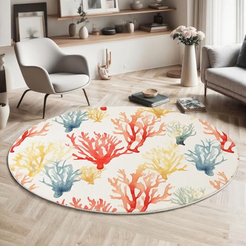 MIATCENRT Waschbarer Rot Gelb Teppich Wohnzimmer Schlafzimmer Rund Teppich, Aquarell Koralle Muster Minimalismus Deko, Teppiche kurzerflor für Esszimmer Büro Eingangsbereich, 80cm von MIATCENRT