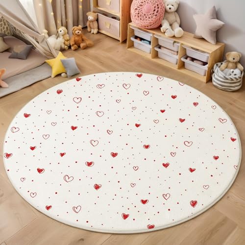 MIATCENRT Waschbarer Rot Weiß Teppich Wohnzimmer Schlafzimmer Rund Teppich, Herz Punkt- Muster Linienkunst Deko, Teppiche kurzerflor für Esszimmer Büro Eingangsbereich, 80cm von MIATCENRT
