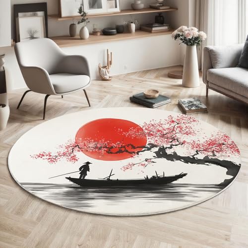 MIATCENRT Waschbarer Rot Weiß Teppich Wohnzimmer Schlafzimmer Rund Teppich, Rote Sonne Schiff Muster Japanischer Stil Deko, Teppiche kurzerflor für Esszimmer Büro Eingangsbereich, 80cm von MIATCENRT