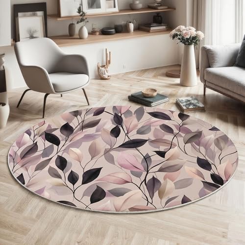 MIATCENRT Waschbarer Rougepuder Rund Teppich, Aquarell Grau Blätter Muster, 120cm Dünn Teppich Dekorative für Schlafzimmer Küche Esszimmer Wohnzimmer Büro Eingangsbereich von MIATCENRT