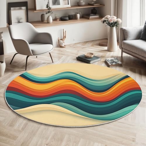 MIATCENRT Waschbarer Rund Teppich Wohnzimmer Schlafzimmer, Abstrakt Wellen Muster Weich rutschfest Retro Bunt Teppich, 120cm Teppiche Flauschige Matte Kinder Schutzmatten, Orange Grün von MIATCENRT