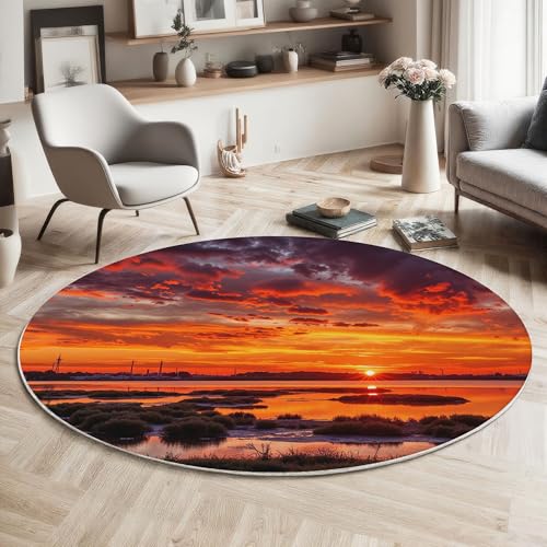 MIATCENRT Waschbarer Rund Teppich Wohnzimmer Schlafzimmer, Fluss Sumpf Muster Weich rutschfest Sonnenuntergang Fluss Teppich, 120cm Teppiche Flauschige Matte Kinder Schutzmatten, Orange Rot MIATCENRT Waschbarer Rund Teppich Wohnzimmer Schlafzimmer, Fluss Sumpf Muster Weich rutschfest Sonnenuntergang Fluss Teppich, 120cm Teppiche Flauschige Matte Kinder Schutzmatten, Orange Rot von MIATCENRT