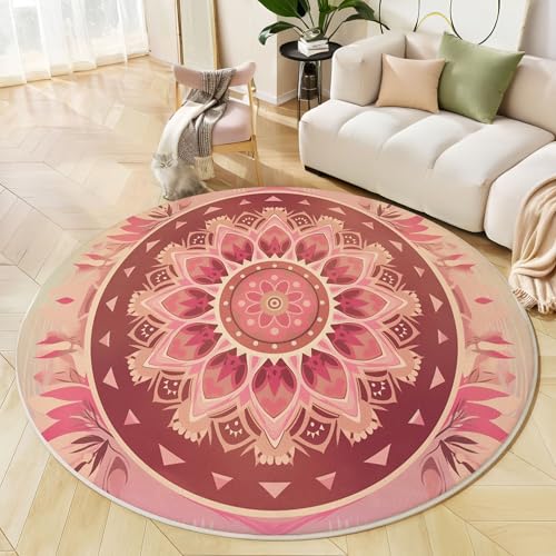 MIATCENRT Waschbarer Rund Teppich Wohnzimmer Schlafzimmer, Geometrisch Mandala Muster Weich rutschfest Bohemian Teppich, 100cm Teppiche Flauschige Matte Kinder Schutzmatten, Pfirsichrosa von MIATCENRT
