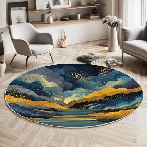 MIATCENRT Waschbarer Rund Teppich Wohnzimmer Schlafzimmer, Himmel Wolken Fluss Muster Weich rutschfest Fantasie Illustration Teppich, 100cm Teppiche Flauschige Matte Kinder Schutzmatten, Gold Blau MIATCENRT Waschbarer Rund Teppich Wohnzimmer Schlafzimmer, Himmel Wolken Fluss Muster Weich rutschfest Fantasie Illustration Teppich, 100cm Teppiche Flauschige Matte Kinder Schutzmatten, Gold Blau von MIATCENRT
