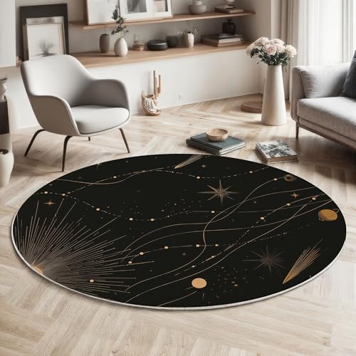 MIATCENRT Waschbarer Rund Teppich Wohnzimmer Schlafzimmer, Linien Universum Muster Weich rutschfest Minimalismus Teppich, 80cm Teppiche Flauschige Matte Kinder Schutzmatten, Schwarzes Gold MIATCENRT Waschbarer Rund Teppich Wohnzimmer Schlafzimmer, Linien Universum Muster Weich rutschfest Minimalismus Teppich, 80cm Teppiche Flauschige Matte Kinder Schutzmatten, Schwarzes Gold von MIATCENRT