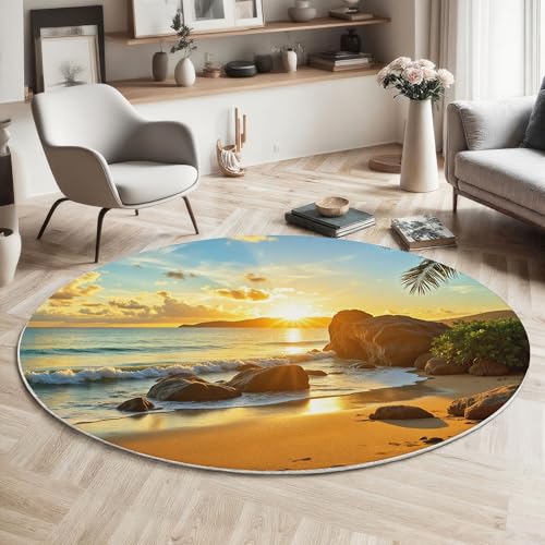 MIATCENRT Waschbarer Rund Teppich Wohnzimmer Schlafzimmer, Sonne Felsen Sand Muster Weich rutschfest Tropisch Strand Teppich, 80cm Teppiche Flauschige Matte Kinder Schutzmatten, Gold MIATCENRT Waschbarer Rund Teppich Wohnzimmer Schlafzimmer, Sonne Felsen Sand Muster Weich rutschfest Tropisch Strand Teppich, 80cm Teppiche Flauschige Matte Kinder Schutzmatten, Gold von MIATCENRT
