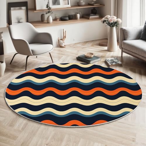 MIATCENRT Waschbarer Rund Teppich Wohnzimmer Schlafzimmer, Welle Streifen Muster Weich rutschfest Vintage Farbe Teppich, 160cm Teppiche Flauschige Matte Kinder Schutzmatten, Blau Orange MIATCENRT Waschbarer Rund Teppich Wohnzimmer Schlafzimmer, Welle Streifen Muster Weich rutschfest Vintage Farbe Teppich, 160cm Teppiche Flauschige Matte Kinder Schutzmatten, Blau Orange von MIATCENRT