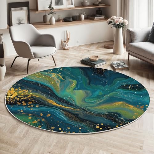 MIATCENRT Waschbarer Rund Teppich Wohnzimmer Schlafzimmer, Wirbel Marmor Muster Weich rutschfest Luxus Kunst Teppich, 160cm Teppiche Flauschige Matte Kinder Schutzmatten, Blaugrün von MIATCENRT