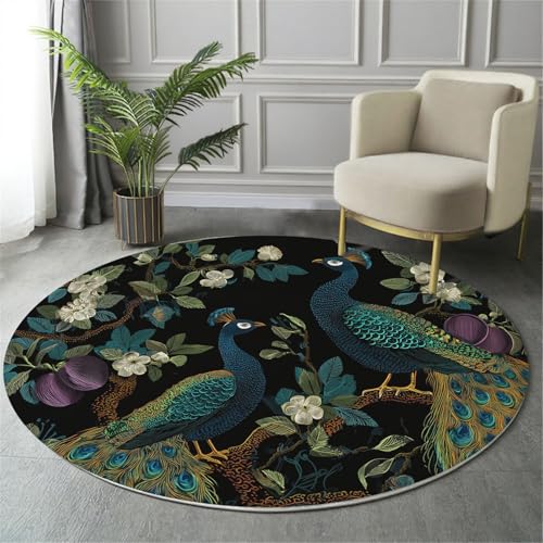 MIATCENRT Waschbarer Schwarz Blau Teppich Wohnzimmer Schlafzimmer Rund Teppich, Pfau Blumen Muster Stickerei Deko, Teppiche kurzerflor für Esszimmer Büro Eingangsbereich, 80cm MIATCENRT Waschbarer Schwarz Blau Teppich Wohnzimmer Schlafzimmer Rund Teppich, Pfau Blumen Muster Stickerei Deko, Teppiche kurzerflor für Esszimmer Büro Eingangsbereich, 80cm von MIATCENRT