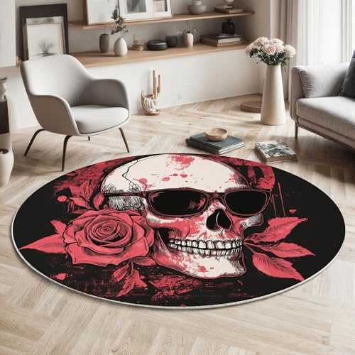 MIATCENRT Waschbarer Schwarz Rot Teppich Wohnzimmer Schlafzimmer Rund Teppich, Rose Brille Totenkopf Muster Gothic Punk Deko, Teppiche kurzerflor für Esszimmer Büro Eingangsbereich, 160cm MIATCENRT Waschbarer Schwarz Rot Teppich Wohnzimmer Schlafzimmer Rund Teppich, Rose Brille Totenkopf Muster Gothic Punk Deko, Teppiche kurzerflor für Esszimmer Büro Eingangsbereich, 160cm von MIATCENRT