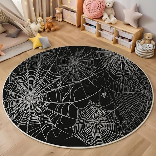 MIATCENRT Waschbarer Schwarz Teppich Wohnzimmer Schlafzimmer Rund Teppich, Spinnennetz Linien Muster Halloween Deko, Teppiche kurzerflor für Esszimmer Büro Eingangsbereich, 100cm MIATCENRT Waschbarer Schwarz Teppich Wohnzimmer Schlafzimmer Rund Teppich, Spinnennetz Linien Muster Halloween Deko, Teppiche kurzerflor für Esszimmer Büro Eingangsbereich, 100cm von MIATCENRT