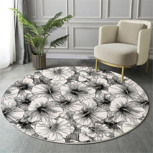 MIATCENRT Waschbarer Schwarz Weiß Teppich Wohnzimmer Schlafzimmer Rund Teppich, Hibiskus Muster Abstrakt Blumen Deko, Teppiche kurzerflor für Esszimmer Büro Eingangsbereich, 100cm MIATCENRT Waschbarer Schwarz Weiß Teppich Wohnzimmer Schlafzimmer Rund Teppich, Hibiskus Muster Abstrakt Blumen Deko, Teppiche kurzerflor für Esszimmer Büro Eingangsbereich, 100cm von MIATCENRT