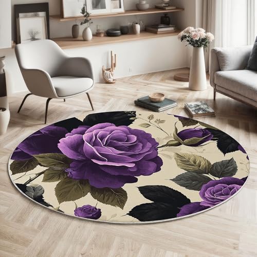 MIATCENRT Waschbarer Vintage Blumen Teppich Rund, 160cm Rose Grüne Blätter Runder Schlafzimmer Weich Rutschfester Tepich, Kurzflor Lila Wohnzimmerteppich, Esszimmer Büro Teppiche MIATCENRT Waschbarer Vintage Blumen Teppich Rund, 160cm Rose Grüne Blätter Runder Schlafzimmer Weich Rutschfester Tepich, Kurzflor Lila Wohnzimmerteppich, Esszimmer Büro Teppiche von MIATCENRT