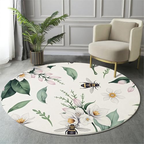 MIATCENRT Waschbarer Weiß Grün Teppich Wohnzimmer Schlafzimmer Rund Teppich, Bienen Blumen Muster Blumen. Kunst Deko, Teppiche kurzerflor für Esszimmer Büro Eingangsbereich, 100cm von MIATCENRT
