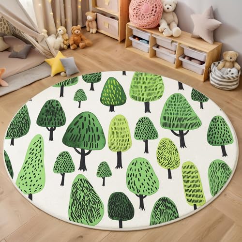 MIATCENRT Waschbarer Weiß Grün Teppich Wohnzimmer Schlafzimmer Rund Teppich, Grüne Bäume Muster Minimalismus Deko, Teppiche kurzerflor für Esszimmer Büro Eingangsbereich, 100cm von MIATCENRT