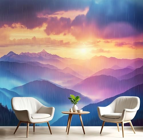 Natur Punk Fototapete Bergblick Sonnenschein Tapete, Fototapeten 352x250cm (B×H) für Wohnzimmer Schlafzimmer Flur Seidenstoff Tapete Wandtapete, Lila Blau Wand tapete Motivtapeten von MIATCENRT