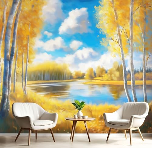 Ölgemälde Fototapete Fluss Birken Tapete, Fototapeten 308x220cm (B×H) für Wohnzimmer Schlafzimmer Flur Seidenstoff Tapete Wandtapete, Gelb Wand tapete Motivtapeten von MIATCENRT