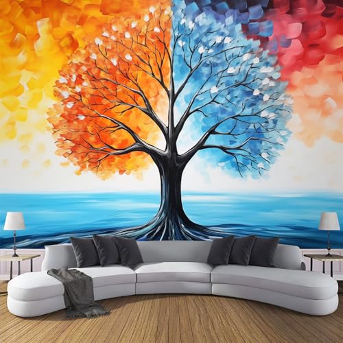 Ölgemälde Fototapete Jahreszeit Baum Tapete, Fototapeten 450x315cm (B×H) für Wohnzimmer Schlafzimmer Flur Seidenstoff Tapete Wandtapete, Orange Blau Wand tapete Motivtapeten von MIATCENRT