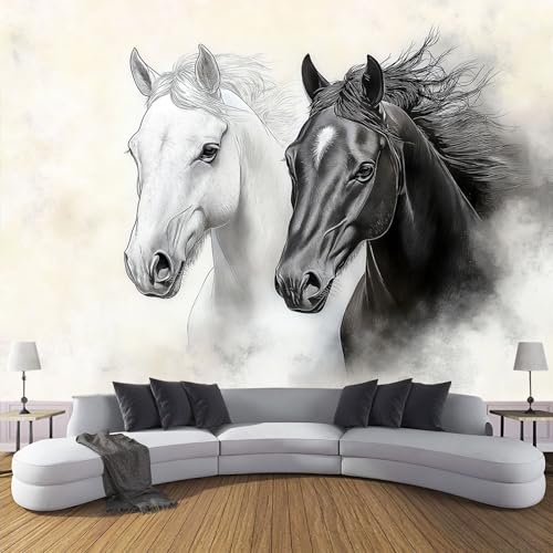 Tapete Fototapete 3D Effekt, Schwarzweiß Pferd Wandbild Wandtapete, Aquarell Wanddekoration Seidenstoff Tapete, Hauptdekorationen Für Wohnzimmer Schlafzimmer, 308X220Cm (B×H) von MIATCENRT