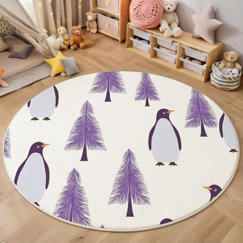 Waschbarer Lila Teppich Wohnzimmer Schlafzimmer Rund Teppich, Pinguin Kiefer Muster Süß Deko, Teppiche kurzerflor für Esszimmer Büro Eingangsbereich, 120cm Waschbarer Lila Teppich Wohnzimmer Schlafzimmer Rund Teppich, Pinguin Kiefer Muster Süß Deko, Teppiche kurzerflor für Esszimmer Büro Eingangsbereich, 120cm von MIATCENRT