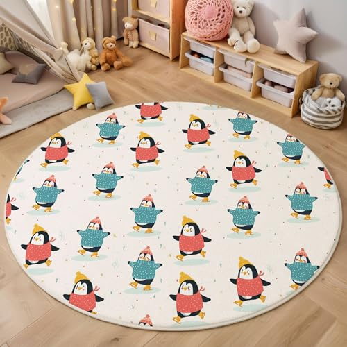 Waschbarer Rot Blau Teppich Wohnzimmer Schlafzimmer Rund Teppich, Eislaufen Pinguin Muster Süß Deko, Teppiche kurzerflor für Esszimmer Büro Eingangsbereich, 80cm von MIATCENRT