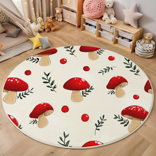 Waschbarer Rot Rund Teppich, Niedlicher Cartoon Pilz Beere Muster, 160cm Dünn Teppich Dekorative für Schlafzimmer Küche Esszimmer Wohnzimmer Büro Eingangsbereich von MIATCENRT