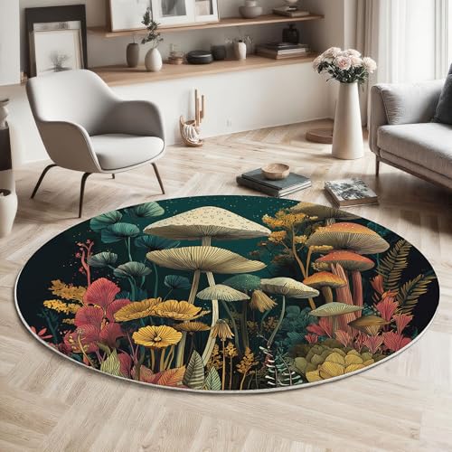 Waschbarer Rund Teppich Wohnzimmer Schlafzimmer, Pilz Pflanze Muster Weich rutschfest Vektor Illustration Teppich, 120cm Teppiche Flauschige Matte Kinder Schutzmatten, Grün Gelb Waschbarer Rund Teppich Wohnzimmer Schlafzimmer, Pilz Pflanze Muster Weich rutschfest Vektor Illustration Teppich, 120cm Teppiche Flauschige Matte Kinder Schutzmatten, Grün Gelb von MIATCENRT