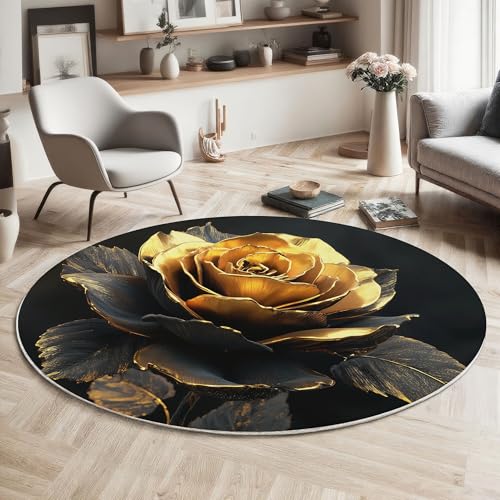 Waschbarer Rund Teppich Wohnzimmer Schlafzimmer, Rose Skulptur Muster Weich rutschfest 3D-Kunst Teppich, 100cm Teppiche Flauschige Matte Kinder Schutzmatten, Schwarzes Gold Waschbarer Rund Teppich Wohnzimmer Schlafzimmer, Rose Skulptur Muster Weich rutschfest 3D-Kunst Teppich, 100cm Teppiche Flauschige Matte Kinder Schutzmatten, Schwarzes Gold von MIATCENRT