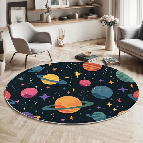 Waschbarer Rund Teppich Wohnzimmer Schlafzimmer, Weltraum Planet Muster Weich rutschfest Niedlich Cartoon Teppich, 160cm Teppiche Flauschige Matte Kinder Schutzmatten, Bunt Waschbarer Rund Teppich Wohnzimmer Schlafzimmer, Weltraum Planet Muster Weich rutschfest Niedlich Cartoon Teppich, 160cm Teppiche Flauschige Matte Kinder Schutzmatten, Bunt von MIATCENRT