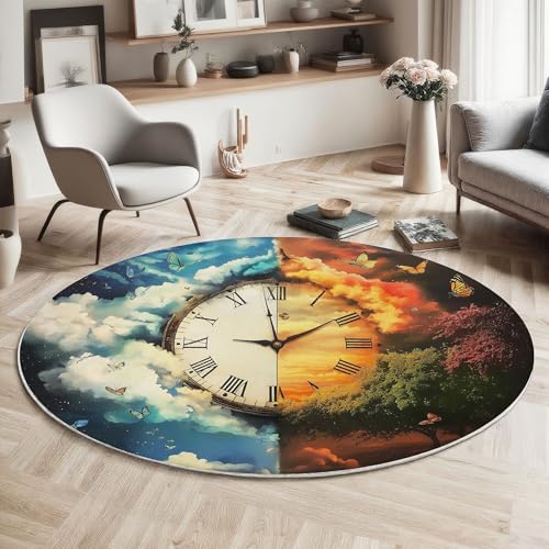 Waschbarer Rund Teppich Wohnzimmer Schlafzimmer, Wolken Uhr Muster Weich rutschfest Aquarell Fantasie Teppich, 80cm Teppiche Flauschige Matte Kinder Schutzmatten, Orange Blau Waschbarer Rund Teppich Wohnzimmer Schlafzimmer, Wolken Uhr Muster Weich rutschfest Aquarell Fantasie Teppich, 80cm Teppiche Flauschige Matte Kinder Schutzmatten, Orange Blau von MIATCENRT