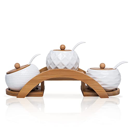 3-Teiliges Keramik Gewürzgläser, Zuckerdose Gewürzdosen set mit Bambus Deckel Löffel und TablettSet, 170 ML/6.4 OZ Gewürzbehälter Salzdose Kaffeedose für Küche und Esstisch von MIATTCLD