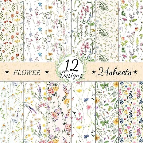 Blumenmuster Scrapbook Papier, 24 Blatt/12 Designs Doppelseitiges Bastelpapier, Frühlingsblume Kartenpapier Dekorpapier Decoupage Papier Block für DIY Alben Bullet Journals Süße Geschenke, 30x30 cm von MIATTCLD