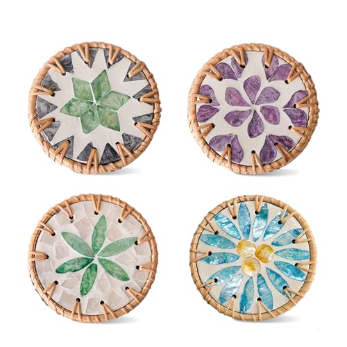 Gewebte Untersetzer 4er Set, Bunte Muscheln Teetassenmatte, Handgemachte Gewebte Isolierkissen, Runde Rattan-Untersetzer für Teetasse Tabelle Büro Geschenk von MIATTCLD