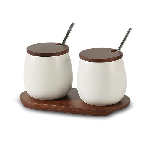 Gewürzgläser aus Keramik 2er Set, Porzellan Zuckerdose Gewürzbehälter mit Bambus Deckel Löffel und Tablett, Gewürzdose Salzdose Vorratsdose für Aufbewahrung Salz, Gewürze und Zucker (A) von MIATTCLD