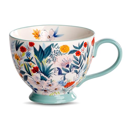 Keramik Tasse mit Handbemalt Blumenmuster, Groß Farbige Kaffeetasse 450ml, Porzellan Tasse Kaffee Becher für Capuccino, Milch, Kaffee, Tee, Süßes Geschenk (B) von MIATTCLD