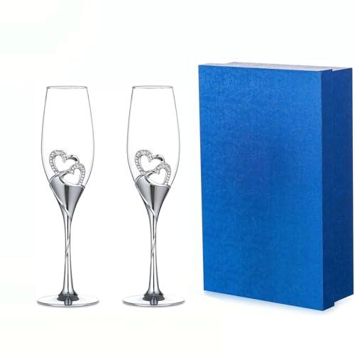 Kristall Sektgläser Weingläser Gläser mit Geschenk Box 2er Set, Romatische Champagner Gläser mit Diamant-Besetzt Herzförmig für Hochzeit, Haus Deko, Hochzeitsjubiläum Geschenk, Party von MIATTCLD