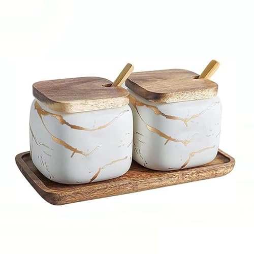 2 Teiliges Gewürzgläser set, Keramik Zuckerdose mit Bambus Deckell und Löffel, 360ml Gewürzbehälter. Marmormuster Vorratsdose Gewürzdosen für Haus und Küche von MIATTCLD